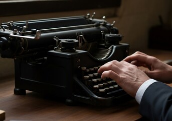 Vintage typewriter on wooden desk with hands typing