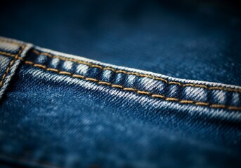 Blue denim fabric with seam close up