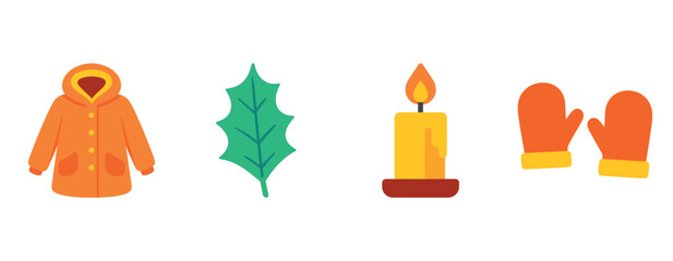 Cozy symbols of autumn: jacket, leaf, candle, mittens