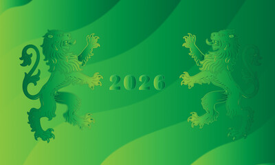 Two heraldic lions flank the year 2020 on a vibrant green gradient background with flowing abstract shapes