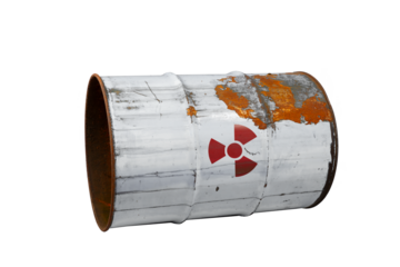 White or gray dirty barrel with radioactive waste. Nuclear warning sign. Rusty dangerous barrel with radionuclide, hazardous toxins on isolated background