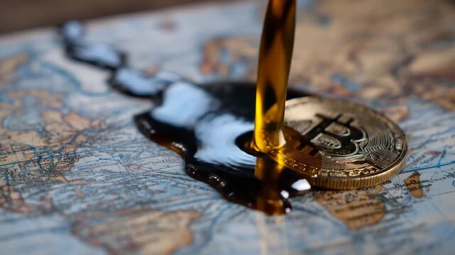 82Close-up of dark petroleum stream coating Bitcoin coin, laid over a world map showing global trade routes, concept of resource-driven economy