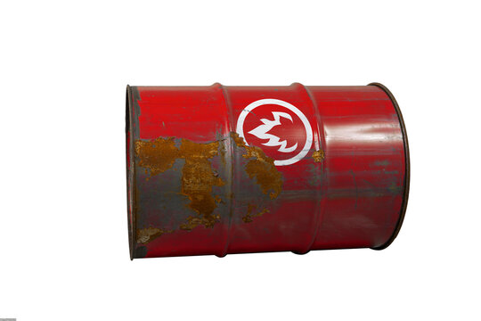 Red barrel or oil-drums with a flammable sign. Rusty dangerous barrel with fuel or crude oil on isolated background