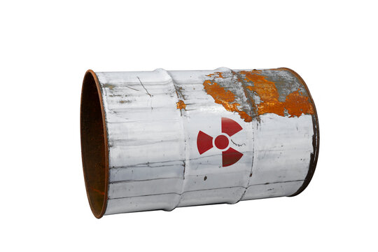 White or gray dirty barrel with radioactive waste. Nuclear warning sign. Rusty dangerous barrel with radionuclide, hazardous toxins on isolated background
