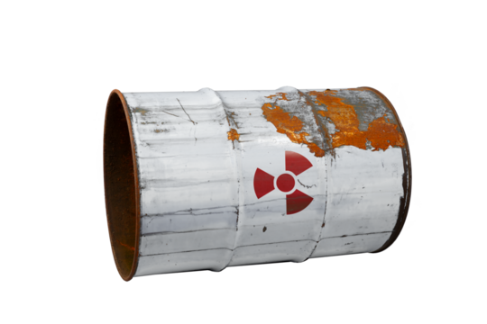 White or gray dirty barrel with radioactive waste. Nuclear warning sign. Rusty dangerous barrel with radionuclide, hazardous toxins on isolated background