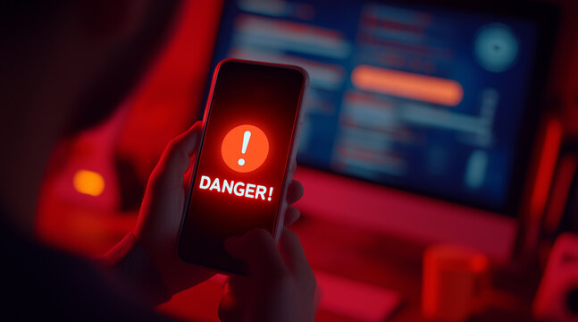 Dangerous notification floating in the air on smartphone screen, Dangerous warning alarm notification