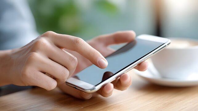 Hands interacting with a smartphone on a wooden table with a coffee cup blurred in the background representing digital engagement and a moment of pause