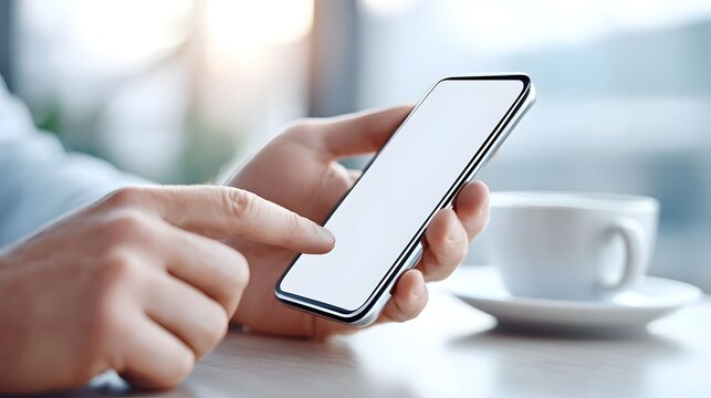 Close up of hands interacting with a modern smartphone with a blank white screen placed beside a cup of coffee on a table suggesting casual use or work