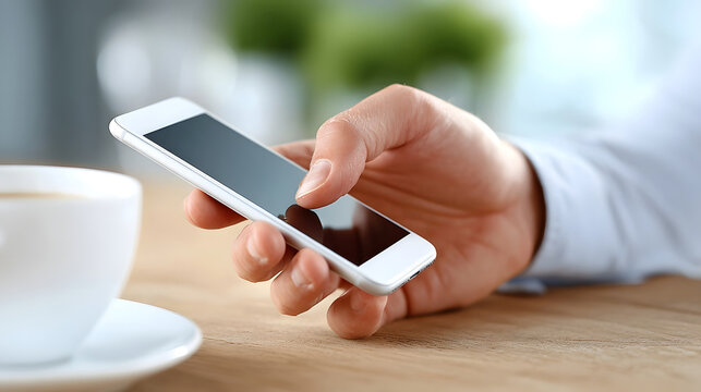 Hand holding a modern white smartphone finger touching the screen on a wooden table next to a white coffee cup  Softly blurred background suggests a relaxed or professional setting