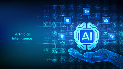 Digital brain icon made with binary code in hand. Artificial Intelligence technology concept. Neural network. Machine learning. Big data. Binary code background with digits 1.0. Vector illustration.