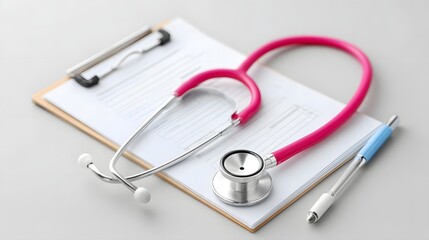 Overhead view of a bright pink stethoscope a wooden clipboard with patient forms and a blue pen conveying professional medical care diagnosis and research in a clean bright setting