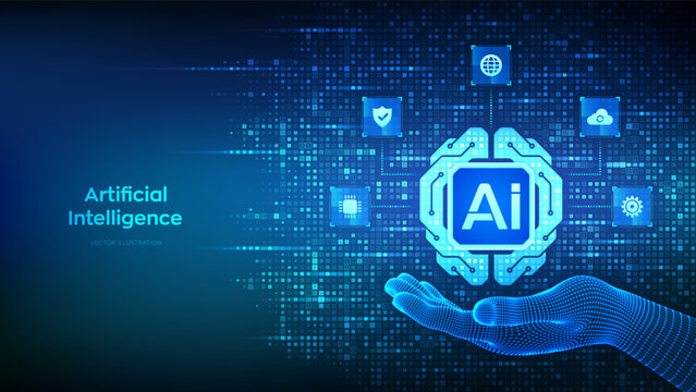Digital brain icon made with binary code in hand. Artificial Intelligence technology concept. Neural network. Machine learning. Big data. Binary code background with digits 1.0. Vector illustration.
