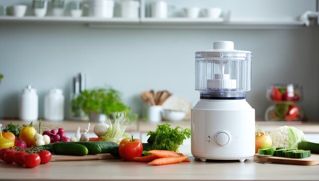 White food processor in a kitchen setting. Fresh produce arranged on a light wooden countertop in front of a modern white kitchen