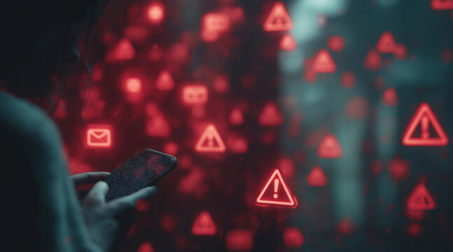 Dangerous notification floating in the air on smartphone screen, Dangerous warning alarm notification - Powered by Adobe