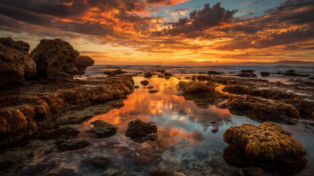 Breathtaking Sunset Over Rocky Coastline with Tide Pools and Colorful Reflections in Calm Waters at Dusk