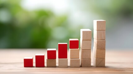 Conceptual arrangement of red and wooden blocks stacked to form an ascending bar chart on a textured surface representing business progress and positive development