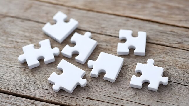 A collection of uncompleted white puzzle pieces are randomly spread across a rustic wooden tabletop evoking ideas of strategy brainstorming and the process of finding solutions