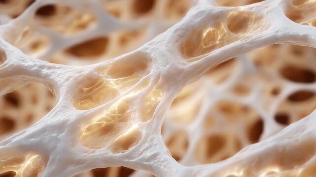 91Magnified image of spongy osteoporotic bone structure with uneven cavities, soft lighting emphasizing texture and fragility of tissue