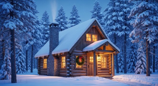 Cozy log cabin nestled in a snowy forest with warm light glowing from the windows