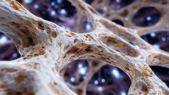 92Scientific 3D render of porous bone tissue showing hollow spaces, fragile framework, and mineral erosion typical of osteoporosis