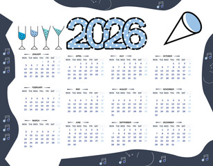 New calendar year 2026 vector illustration design of annual monthly planner and weekly organizer schedule