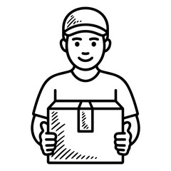 Delivery man icon holding cardboard box in black and white style for shipping, logistics and courier services