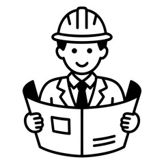 Engineer or architect icon with hard hat and suit holding construction plan or blueprint in black and white style