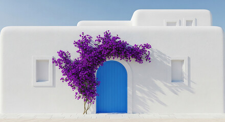 White building with blue door and purple flowers in santorini greece on a sunny day in the mediterranean © adobe