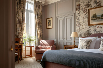 Bordeaux boutique hotel room interior, armchair, classical french molding, floral botanical wallpaper and elegant period furniture. 