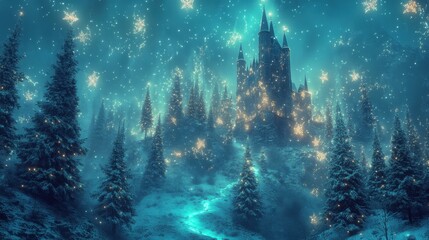 A mystical winter scene featuring a snow-covered castle surrounded by tall trees, illuminated by sparkling lights against a deep blue backdrop.