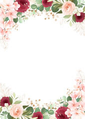Watercolor floral background, pattern, texture, hand drawn, frame, template