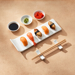 A nigiri sushi with salmon, shrimp and eel on white rectangular plate, chopsticks on rests, soy sauce, wasabi in bowls against a beige textured background in soft sunlight.