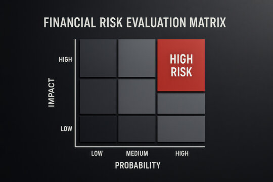 Financial risk evaluation matrix for corporate business decision. high risk management strategy with professional and serious vibe on dark background for analysis