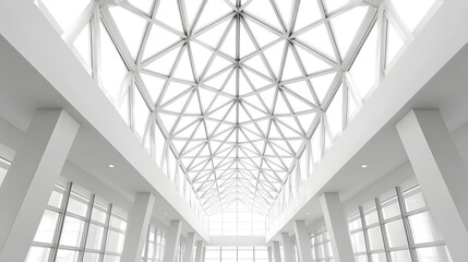 Contemporary atrium interior showcasing a complex geometric glass roof flooding the spacious architectural area with natural daylight supported by clean white columns and structural beams