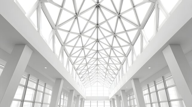 Contemporary atrium interior showcasing a complex geometric glass roof flooding the spacious architectural area with natural daylight supported by clean white columns and structural beams - Powered by Adobe