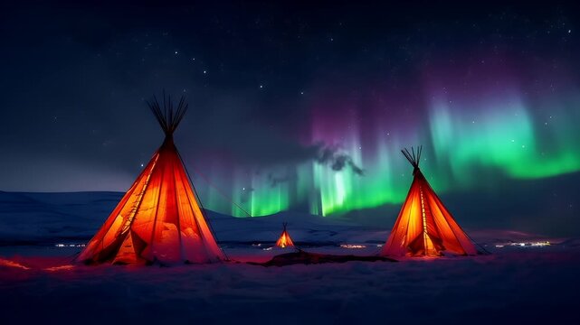 Aurora Borealis and teepees in a snowy landscape under a starry night sky.