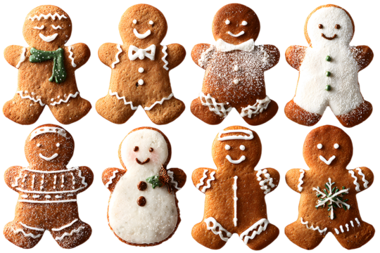 Collection of various gingerbread men cookies isolated on transparent background
