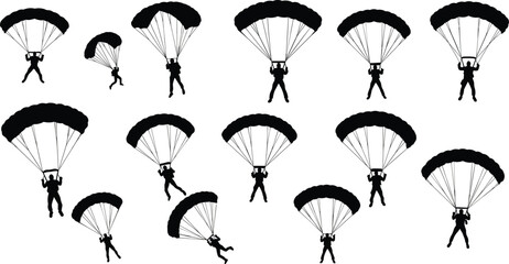 Parachutist silhouettes, skydiving figures, open parachutes, aerial descent, extreme sport, freefall motion, sky adventure, airborne action, parachute jump, flight dynamics