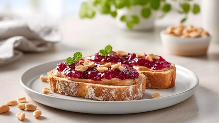 Close up of two delicious open faced toasts generously spread with creamy peanut butter and sweet berry jam garnished with chopped peanuts and fresh mint