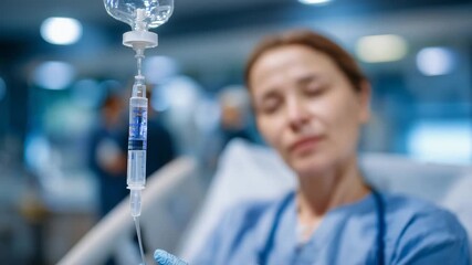 105Detailed view of nurse tightening IV regulator in patient room, subtle reflections on glass drip chamber and metallic stand under clinical lighting - Powered by Adobe