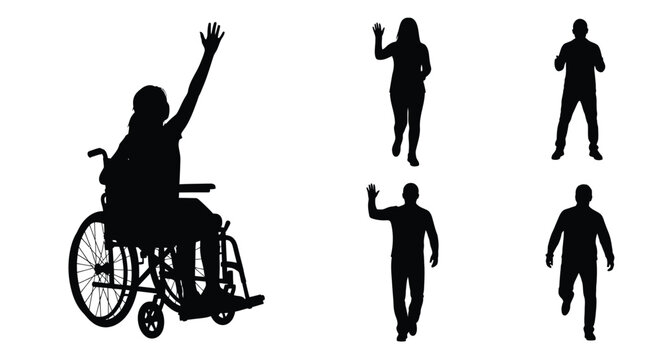 Silhouettes of people in various poses including one person in a wheelchair
