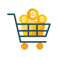A shopping cart filled with bitcoins isolated on white background, representing cryptocurrency purchases