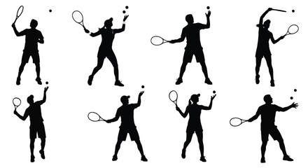 Silhouettes of tennis players demonstrating various stages of a serve