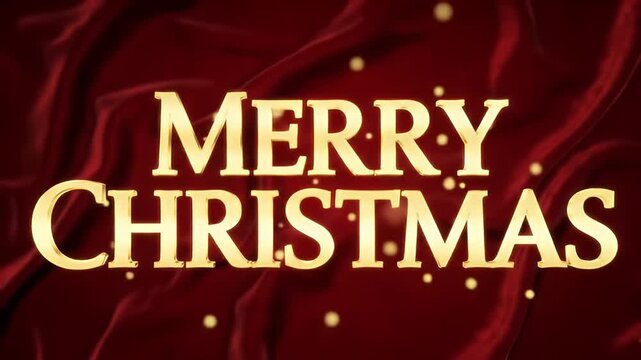 Merry Christmas gold text on a waving red velvet silk background with particles - Powered by Adobe