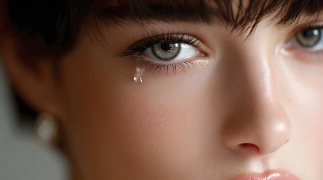 Detailed ro view of a person s eye with a glistening tear rolling down the cheek expressing feelings of sorrow and vulnerability in a soft focus environment