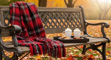 Cozy autumn scene with plaid blanket hot cocoa and cookies on a park bench