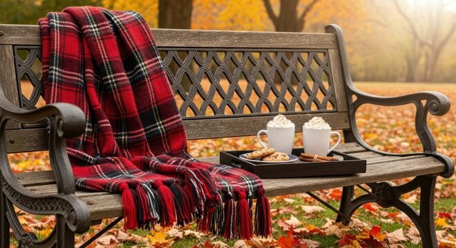 Cozy autumn scene with plaid blanket hot cocoa and cookies on a park bench