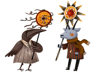 Ukrainian Christmas ortodoxa traditional crow bird goat costume vertep. Koliadky malanka carols Carolers and church icon star hand drawn watercolor Ukraine traditions cartonn design