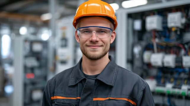 124Confident tradesman wearing orange helmet and transparent safety glasses standing among complex wiring installations, cinematic lighting showcasing discipline and safety