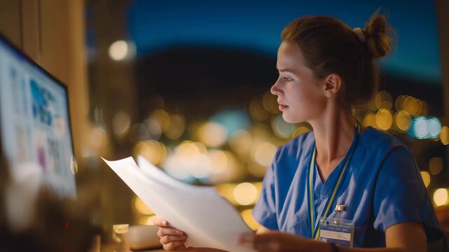 129Registered nurse concentrating on patient charts at night shift nursing desk, warm light from desk lamp blending with blue monitor tones